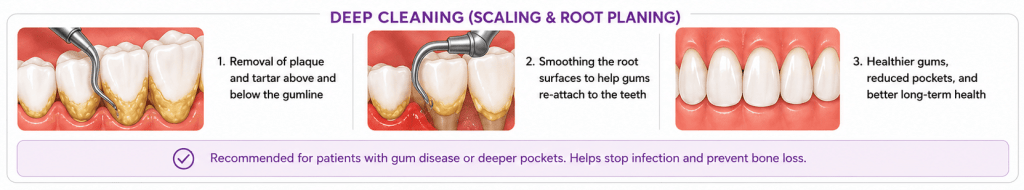Deep dental cleaning illustration showing scaling and root planing below the gumline