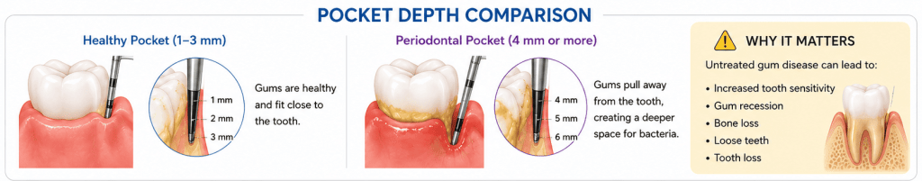 Comparison of healthy gum pocket depths and deeper periodontal pockets used when evaluating basic versus deep cleaning